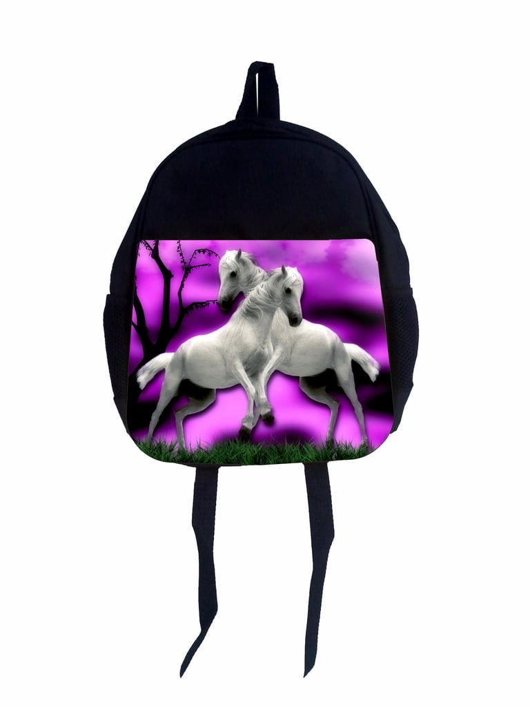White Horses 13" x 10" Black Preschool Toddler Children's Backpack by Accessory Avenue