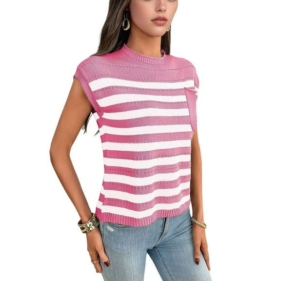 Women'S Crew Neck Top Thick Needle Casual Striped Sweater Pink M