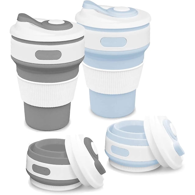 Tazas plegables, 2 tazas portátiles de silicona, tazas de viaje para café, tazas de viaje plegables reutilizables, tazas para camping con tapa y tapa abatible