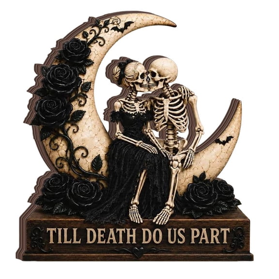 OADUKQ Till Death Do Us Part Skeleton Couple, 2D Two-Layer Wooden Plaque, for Halloween Decor Shelves and Mantels, 8 in