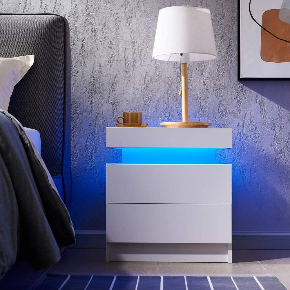 Modern 2 Drawer White High Gloss Nightstands with LED Lights (White ...