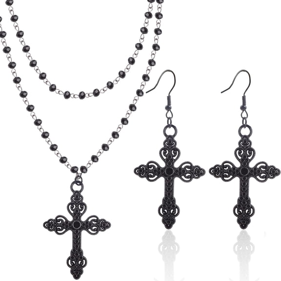 AGNURCADE Black Gothic Layered Cross Necklace & Earrings Set, 4‑Pcs Alloy Acrylic Beaded Y2k Choker Jewelry, Goth Costume Accessories for Women for Halloween Easter Party