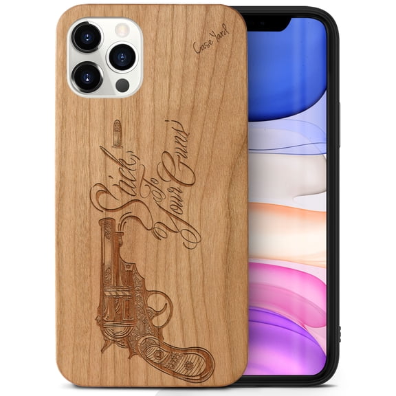 Case Yard Wooden Case Outside Soft TPU Silicone Slim Fit Shockproof Wood Phone Cover for Girls Boys Men and Women Supports Wireless Charging Stick to Your Guns Design case for iPhone-12/12-Pro