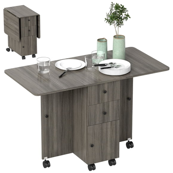 Foldable Dining Table with Storage | Grey Kitchen Table on Wheels - Drop Leaf Table for Living Room, Bedroom, or Dining Area - 47.2" x 23.6"