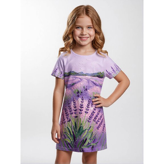 Girls Easy-Wearing Adorable Short Sleeve Summer Dress Comfort-Fit Crew Neck Casual Dress for Little Girls Age 5-10