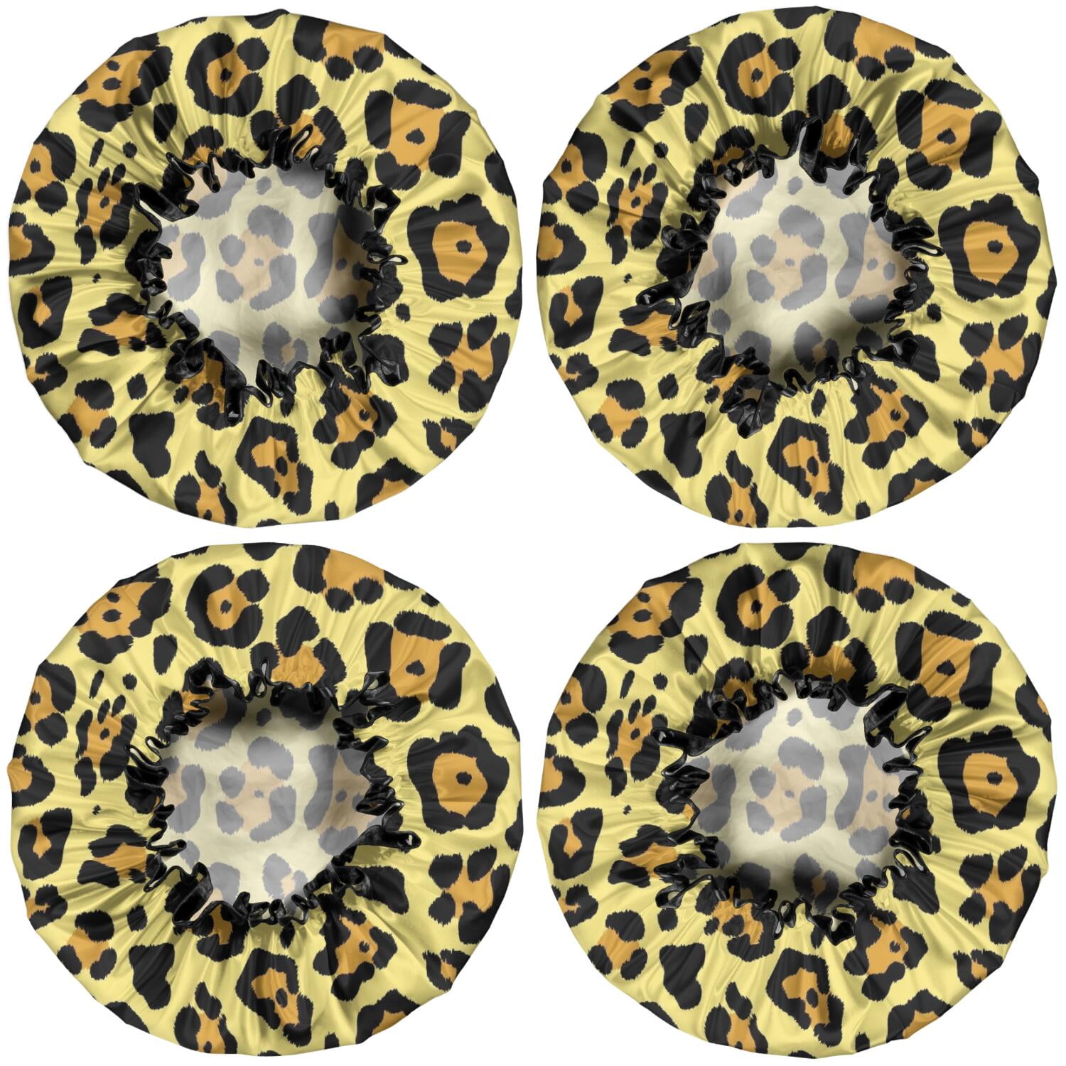 Shower Caps,Yellow and Black Leopard Pattern Waterproof Shower Cap for Women 4 Pieces,Double Reusable Hair Cover for Shower PEVA Elastic Stretch Hem