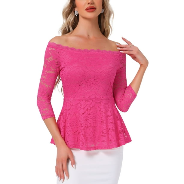 INSPIRAR CHIC Blusa de Encaje Floral para Mujeres, Off Shoulder, Transparente, Manga 3/4, Top Peplum L Rosa Rojo