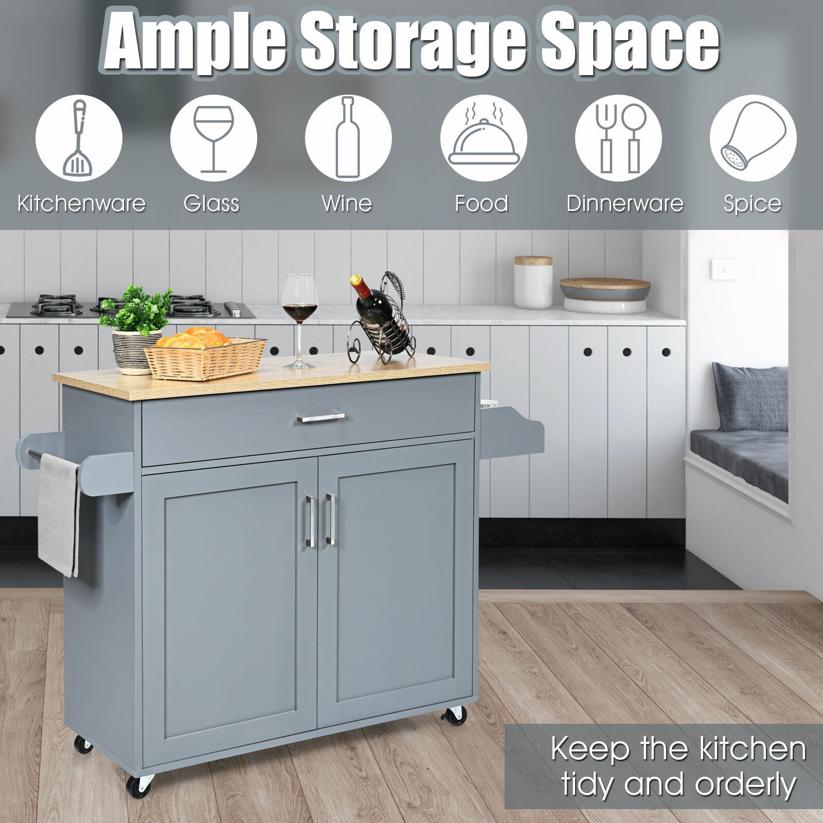 Amijoy Rolling Kitchen Island Cart with Storage, Serving Trolley Cart with Towel Rack, 3-Level Adjustable Shelf & Lockable Wheels, Mobile Island Table