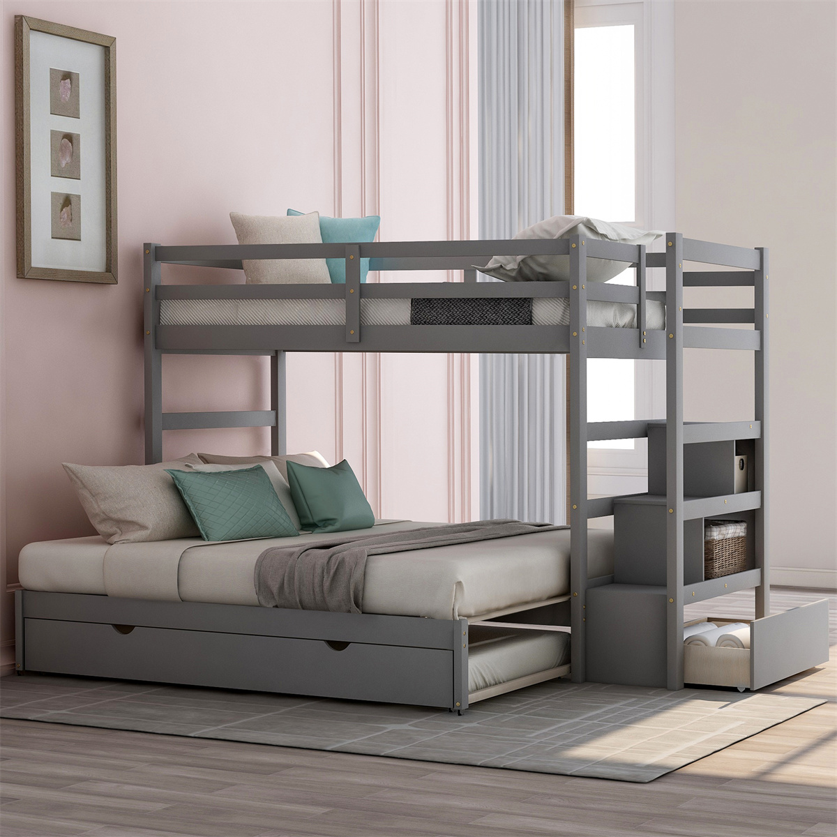 ARCTICSCORPION Twin Over Twin/King Bunk Bed with Trundle and Storage