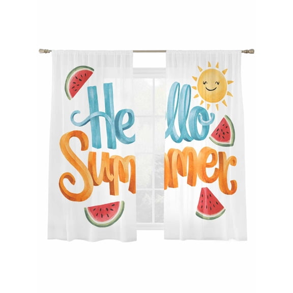 Hello Summer Sheer Curtains 72 Inch Long 2 Panels, Sun Watermelon Light Filtering Rod Pocket Semi Sheer Curtains, Sheer Voile Drapes for Living Room Bedroom, 52"x72"