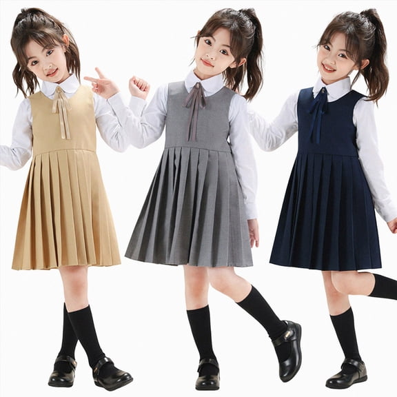 mgoYE Girls School Uniforms 3-14T - Pleated Twill Jumper , Short Sleeve Uniform Dresses for Girls(Navy,6-7 Years)