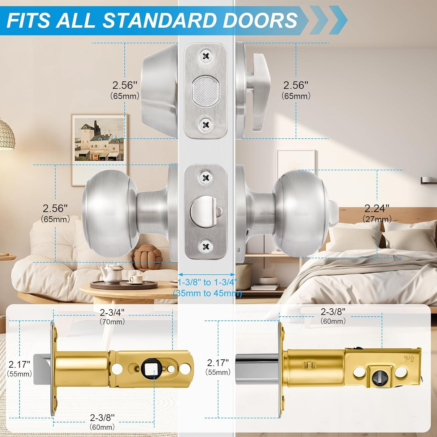 3 Pack Entry Door Lock and Single Cylinder Deadbolt Combo Set, Keyed Alike Satin Nickel Exterior Door Knobs with Lock&Keys, Round Ball Door Locksets with Deadbolt for Entrance and Front Door