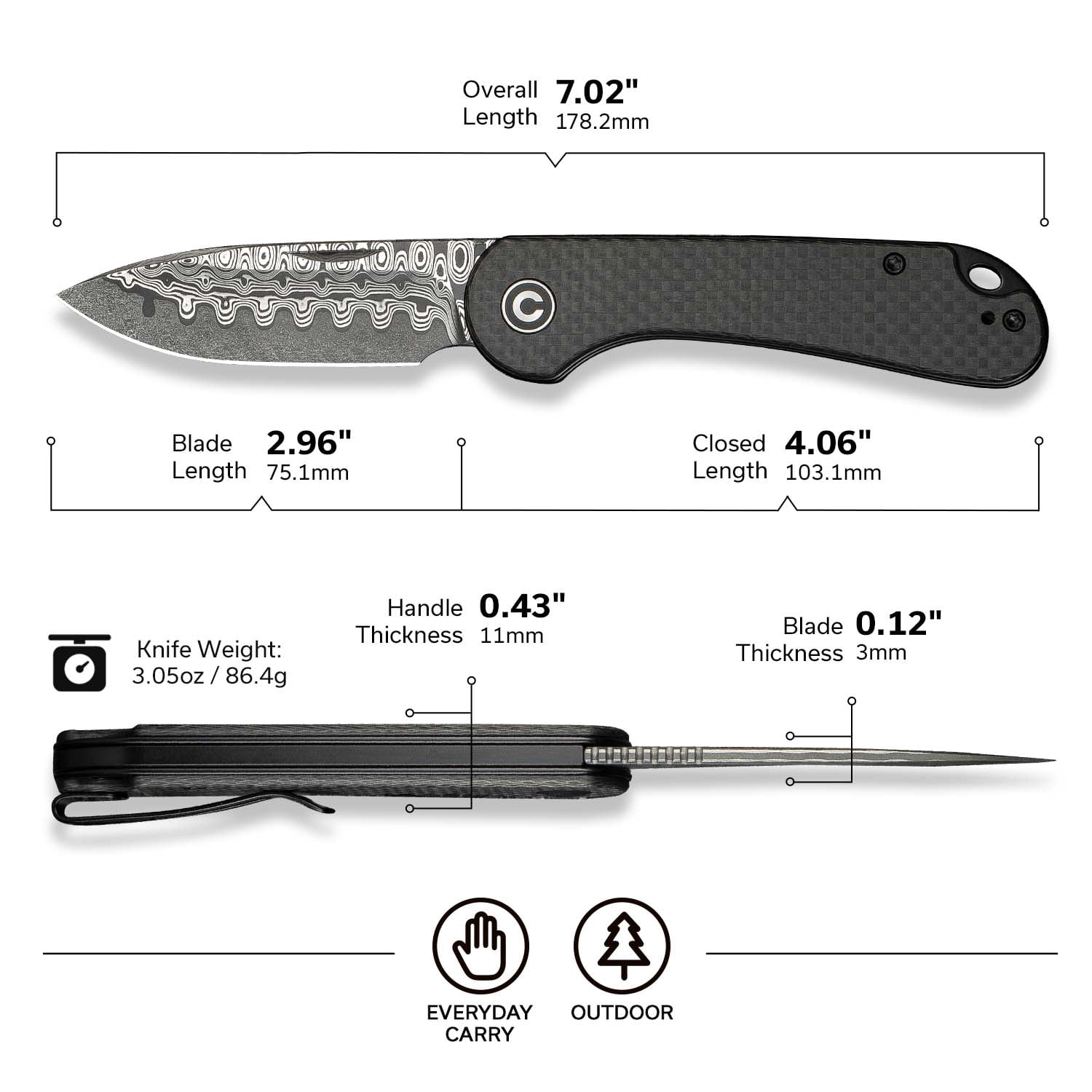 CIVIVI Elementum Slip Joint Pocket Knife, Folding Knife with 2.96" Damascus Blade Twill Carbon Fiber Handle C18062AJ-DS1