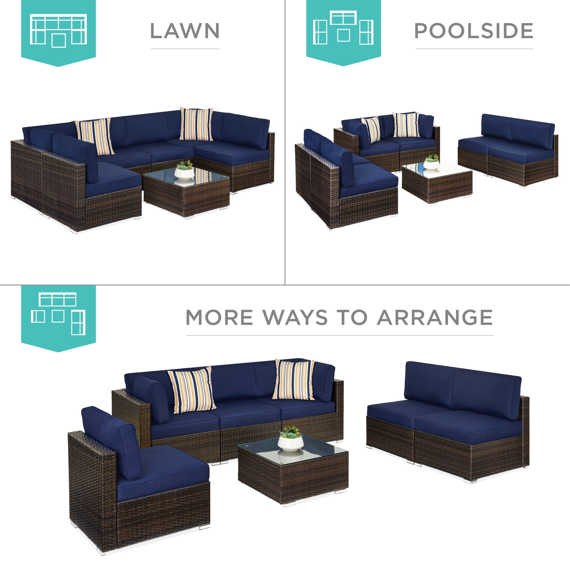 Best Choice Products 7-Piece Outdoor Modular Patio Conversation Furniture, Wicker Sectional Set - Brown/ Navy