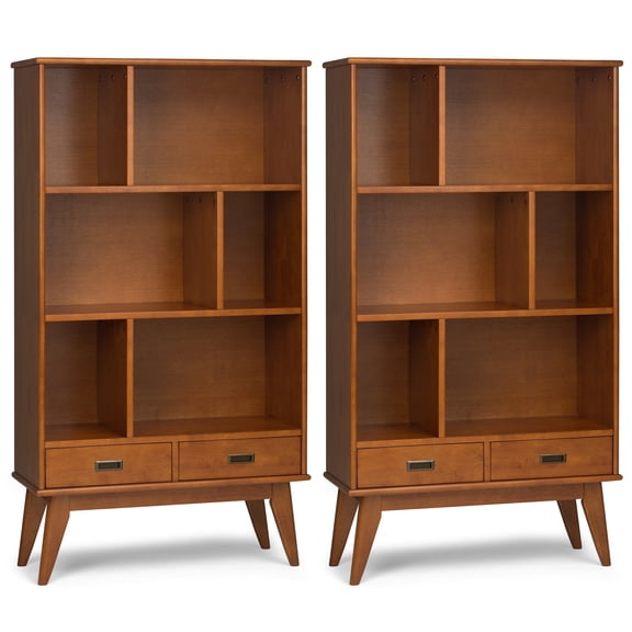 Simpli Home Draper 35W 6 Cubbie Bookcase with Drawer (Set of 2) in Teak Brown