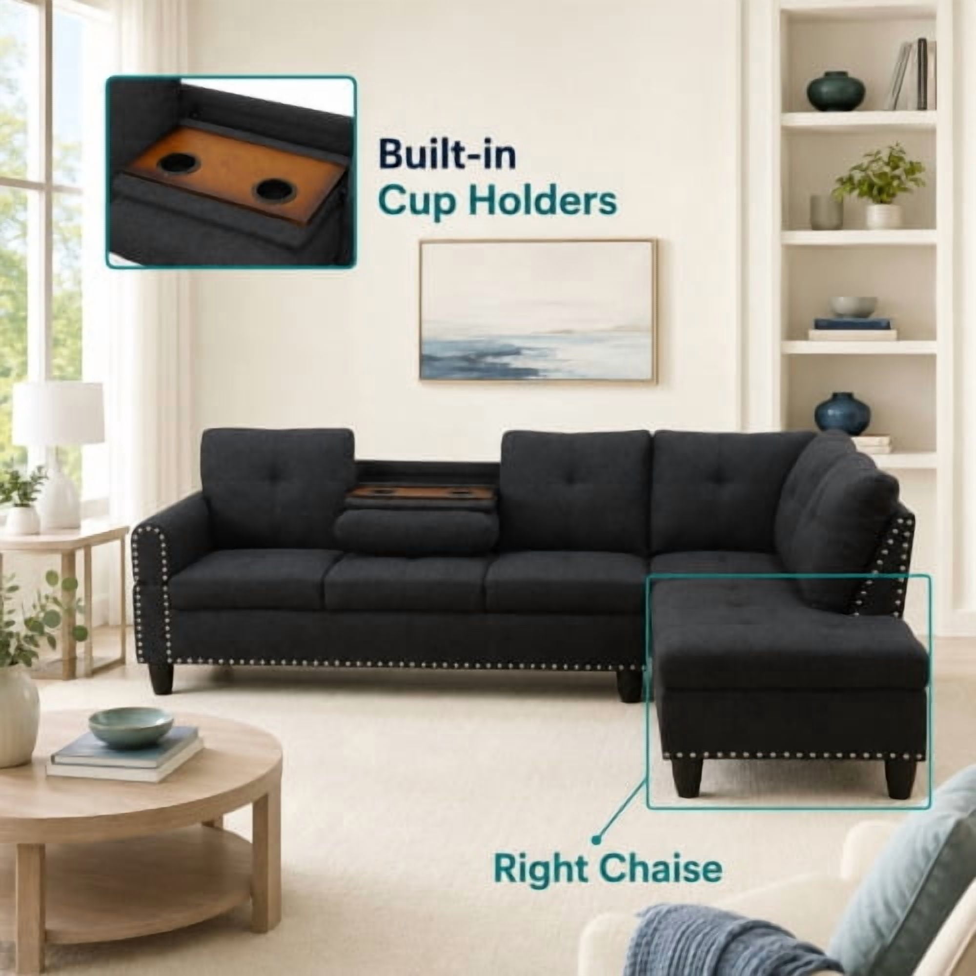 97.5" L-Shaped Sectional Sofa, 2-Piece Modular Couch with Right Chaise, Black Grey Linen, Built-in Cup Holders, Nailhead Trim, Solid Wood Frame