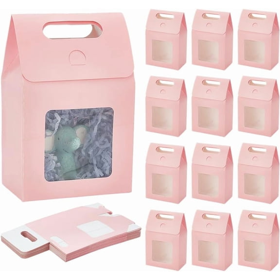 24pcs Pink Gift Box with Handle Small Goodies Boxes Party Favor Boxes with Window for Wedding Birthday Gift Giving Treat 3.8x2.3x5.9 Inch