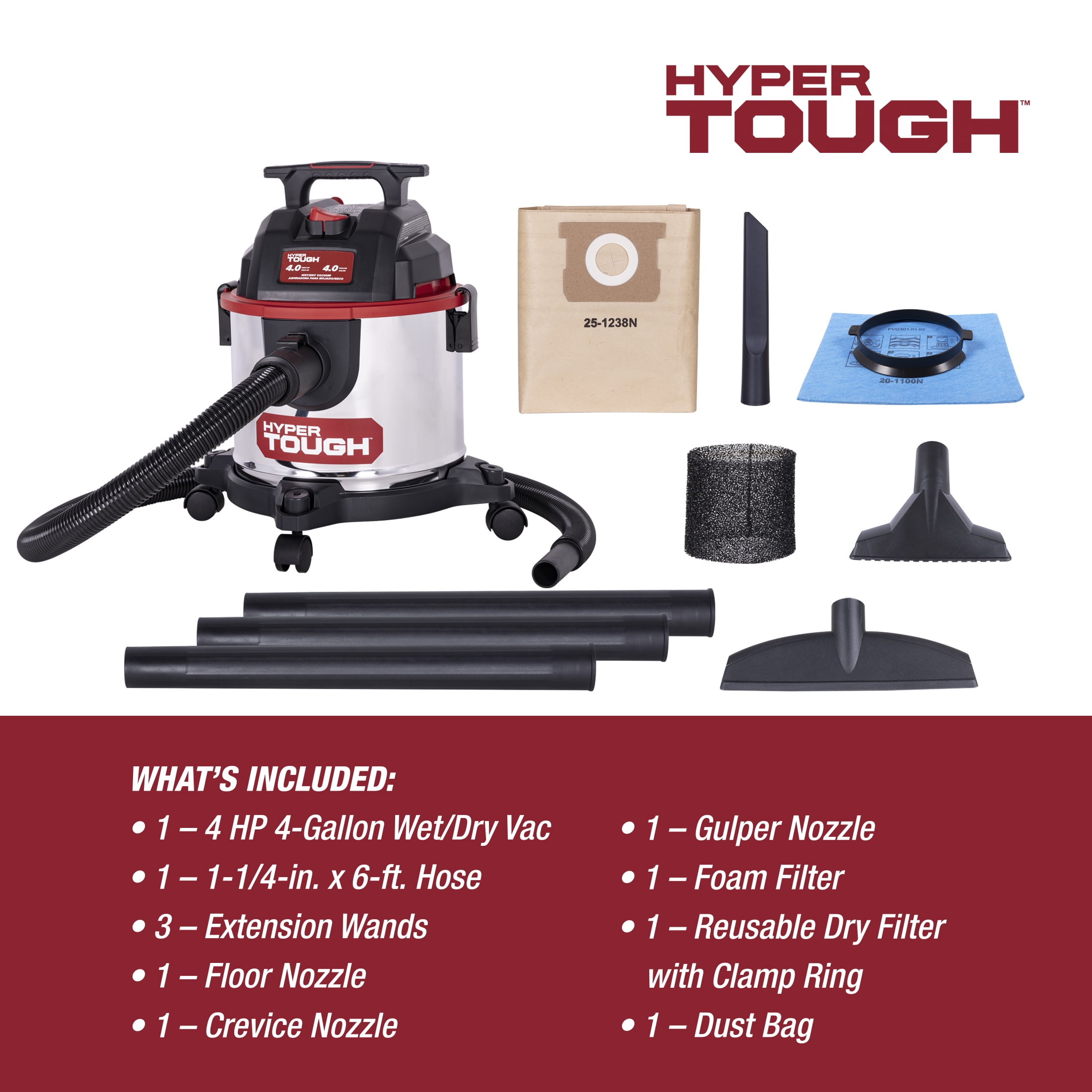 Hyper Tough 4 Gallon 4 HP Stainless Steel Wet Dry Vacuum for Home, Car, Garage & Workshop