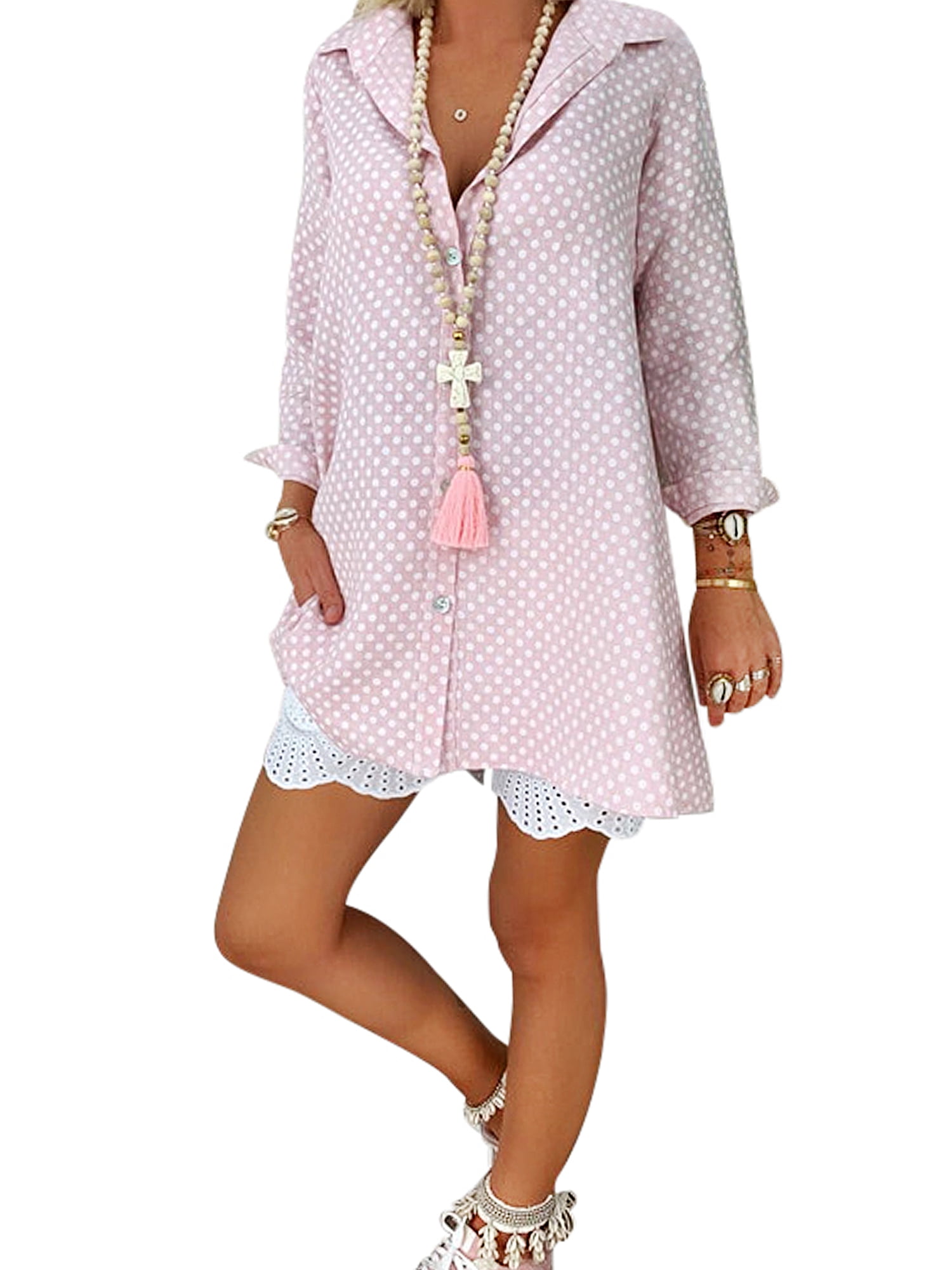 Plus Size Women Roll Up Sleeve Casual Blouse Shirt Tunic Polka Dot Buttons Tops