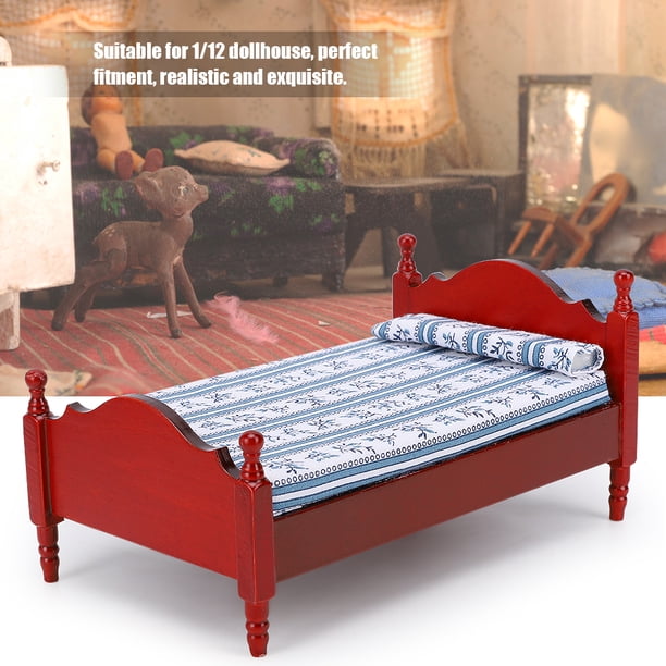 Lit de Maison de Poupée, Mini-Meubles en Bois, Cadeau de Maison de Poupée, pour Chambre à Coucher de Salon Blanc, Brun