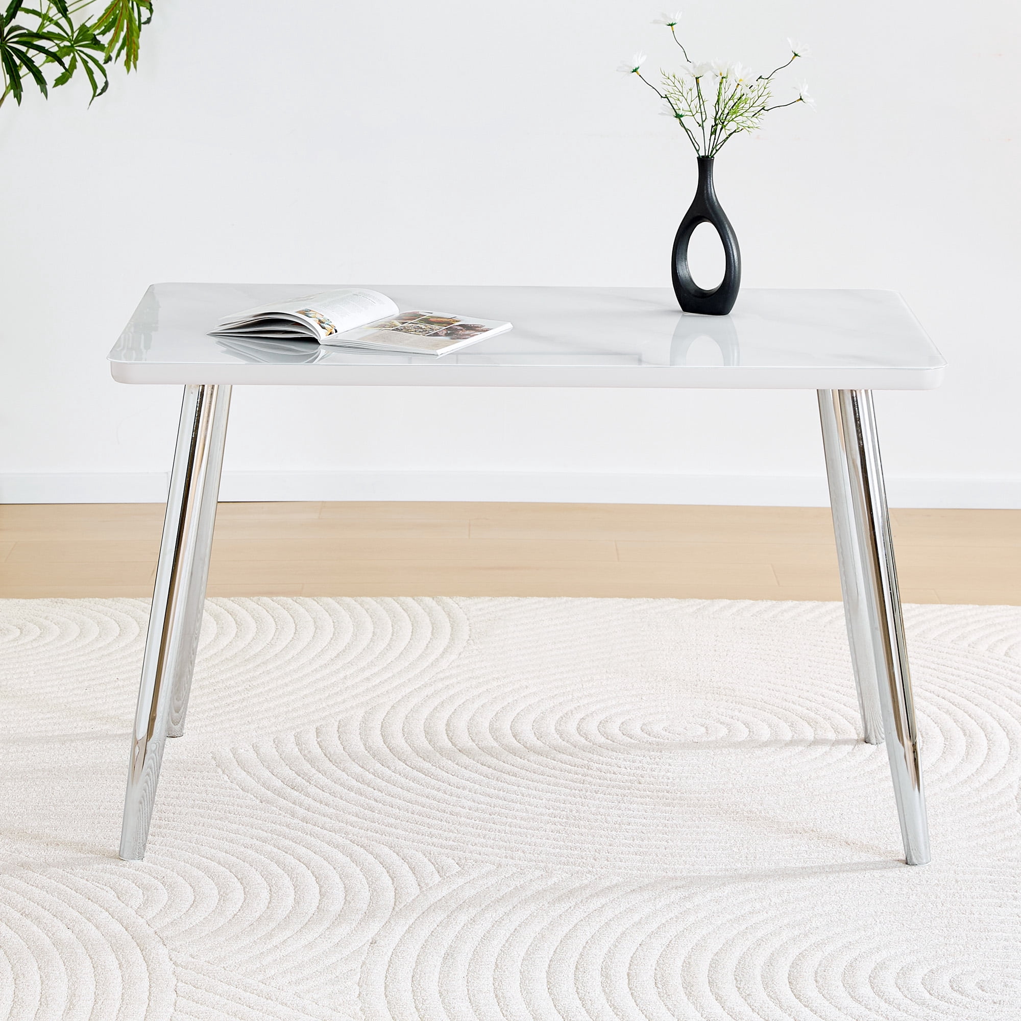 Mintazer 47.3 Inch Modern White Marble Vein Rectangular Dining Table with Tempered Glass Top, Minimalist Kitchen Table for 4-6 People, White & Silver