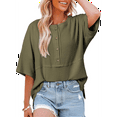 thumbnail image 2 of Blusas de Punto Gofre para Mujer, Moda 2025, Blusas de Patchwork Extragrandes con Cuello Redondo y Mangas 3/4, Verde XXL, 2 of 6