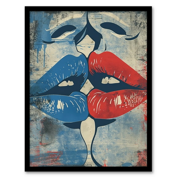 Artery8 Pop Art Kiss Cartoon Pride LGBT Red Blue Love For Living Room Art Print Framed Poster Wall Decor 12x16 inch