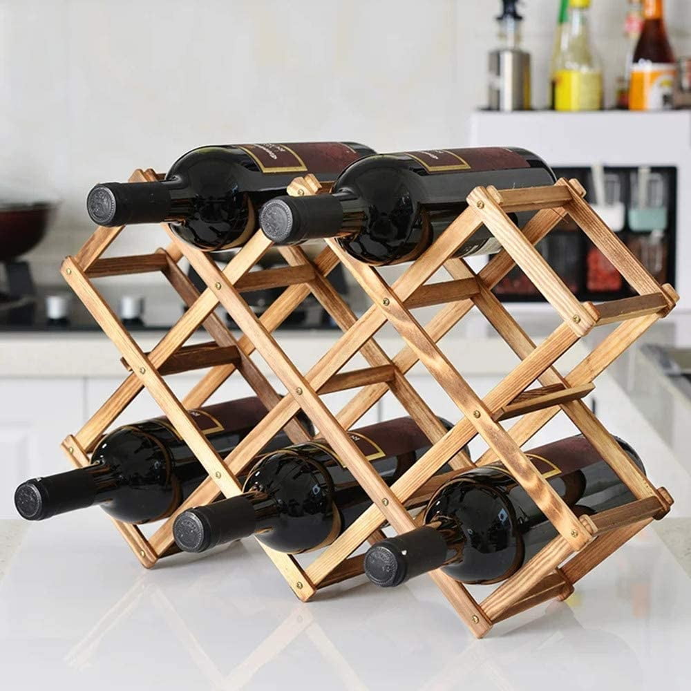 Wood Wine Rack Storage Wine Holder Foldable Free Standing 10-Bottle Wooden Wine Stand Organizer, 10 Slot