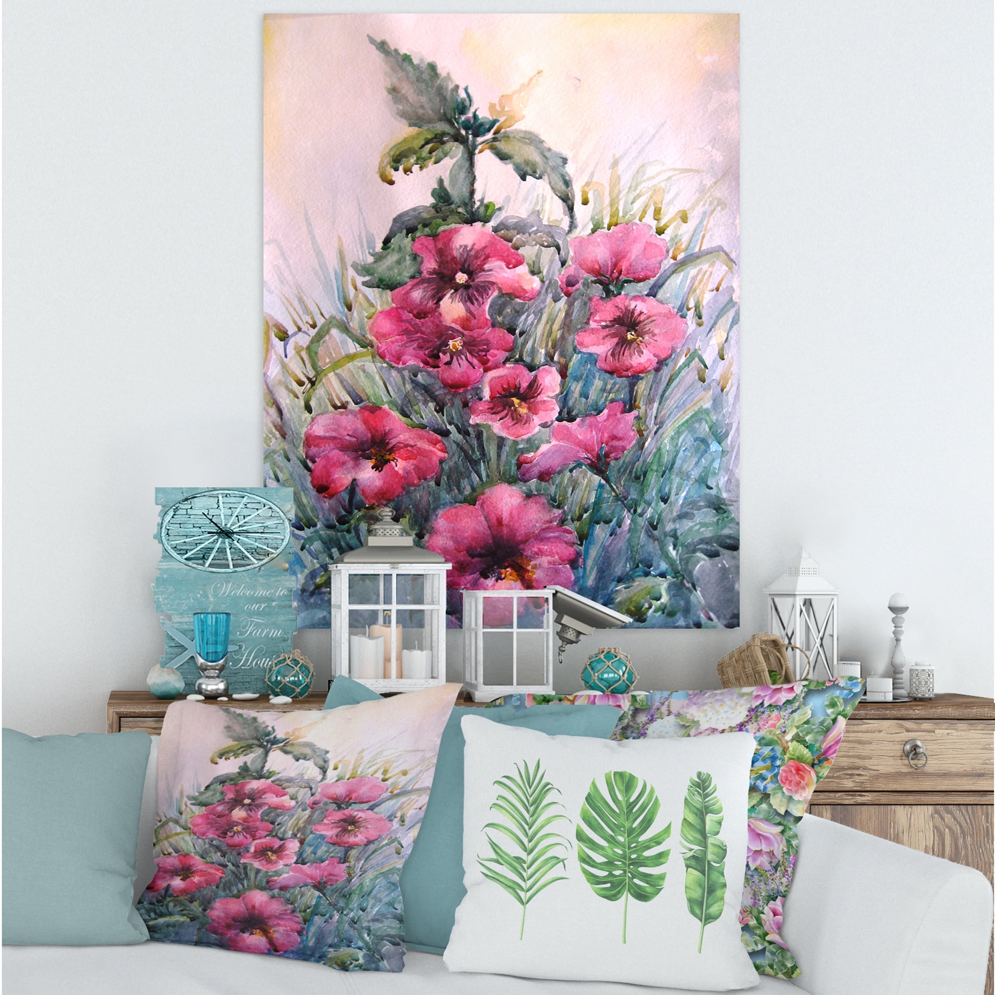 Blossoming Hibiscus Flowers In The Wild 12 in x 8 in Painting Canvas Art Print, by Designart