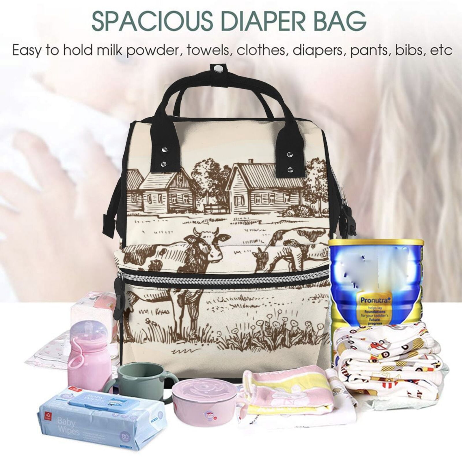Ratiio Cows On The Farm Mummy Backpack - Waterproof Twill Canvas, Large Capacity Diaper Bag with Multiple Pockets and Adjustable Straps