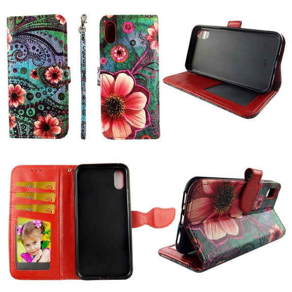 Green Paisley Wallet Case for iPhone XS X 2018 Folio Standing Cover Card Slot Money Pocket Magnetic Closure Fashion Flip Pu Leather