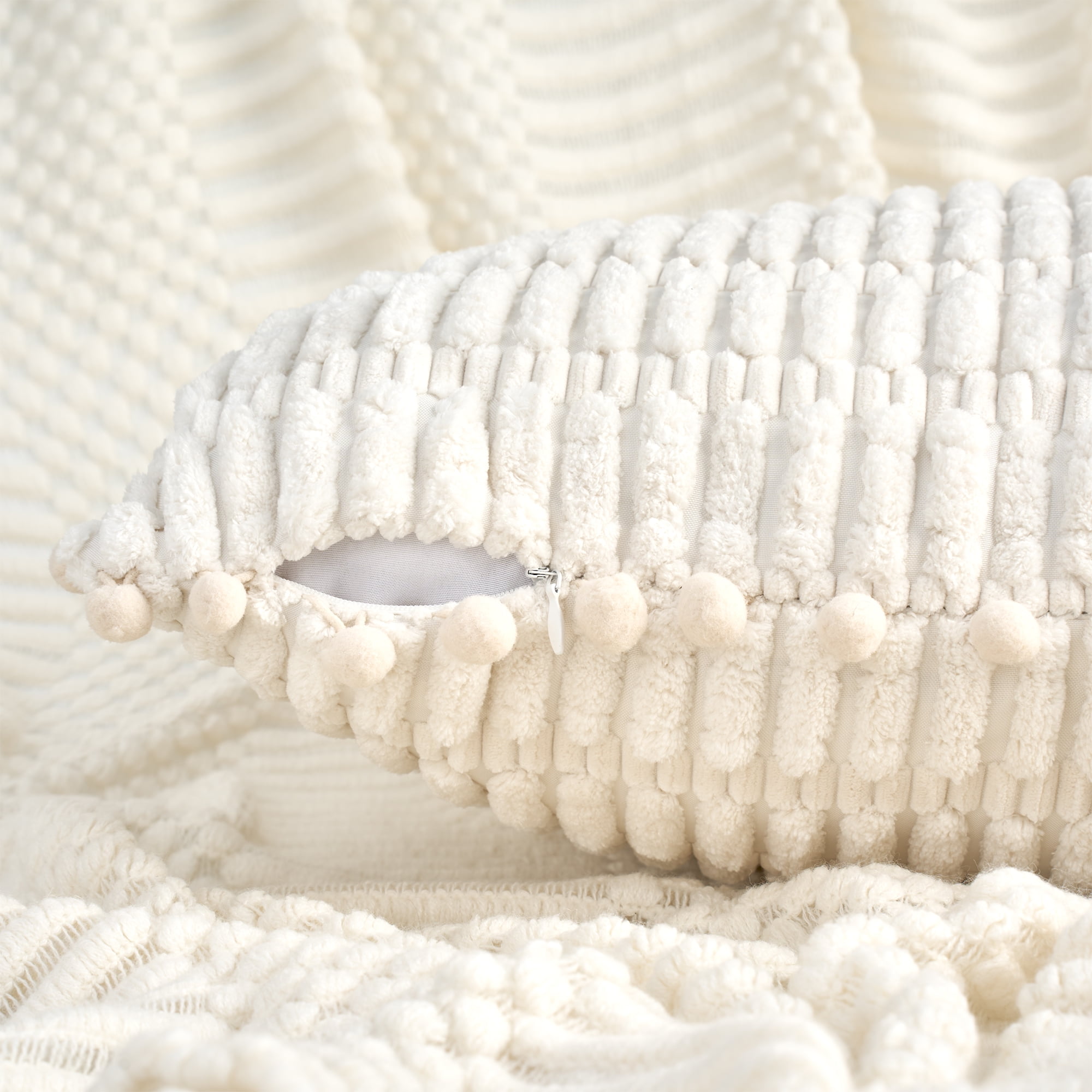 Unique Bargains Set of 2 Corduroy Throw Pillow Covers with Pom-pom Edges 18" x 18" Beige