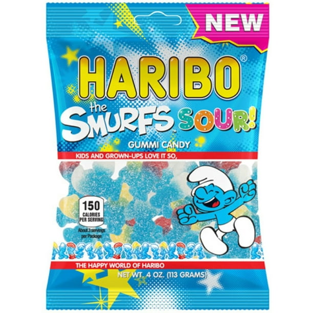 12 Packs New Haribo, The Smurfs Sour! Gummi Candy 4 Oz