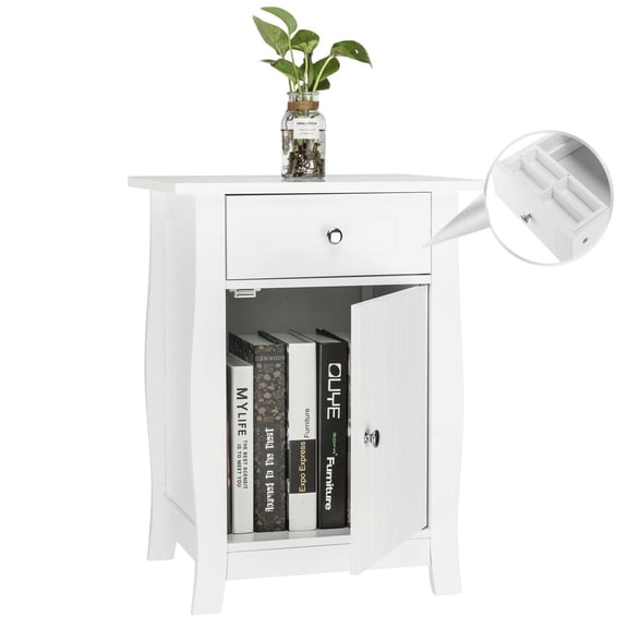 UBesGoo End Table Accent Storage Floor Cabinet, Wooden Nightstand with Divided Drawer,White