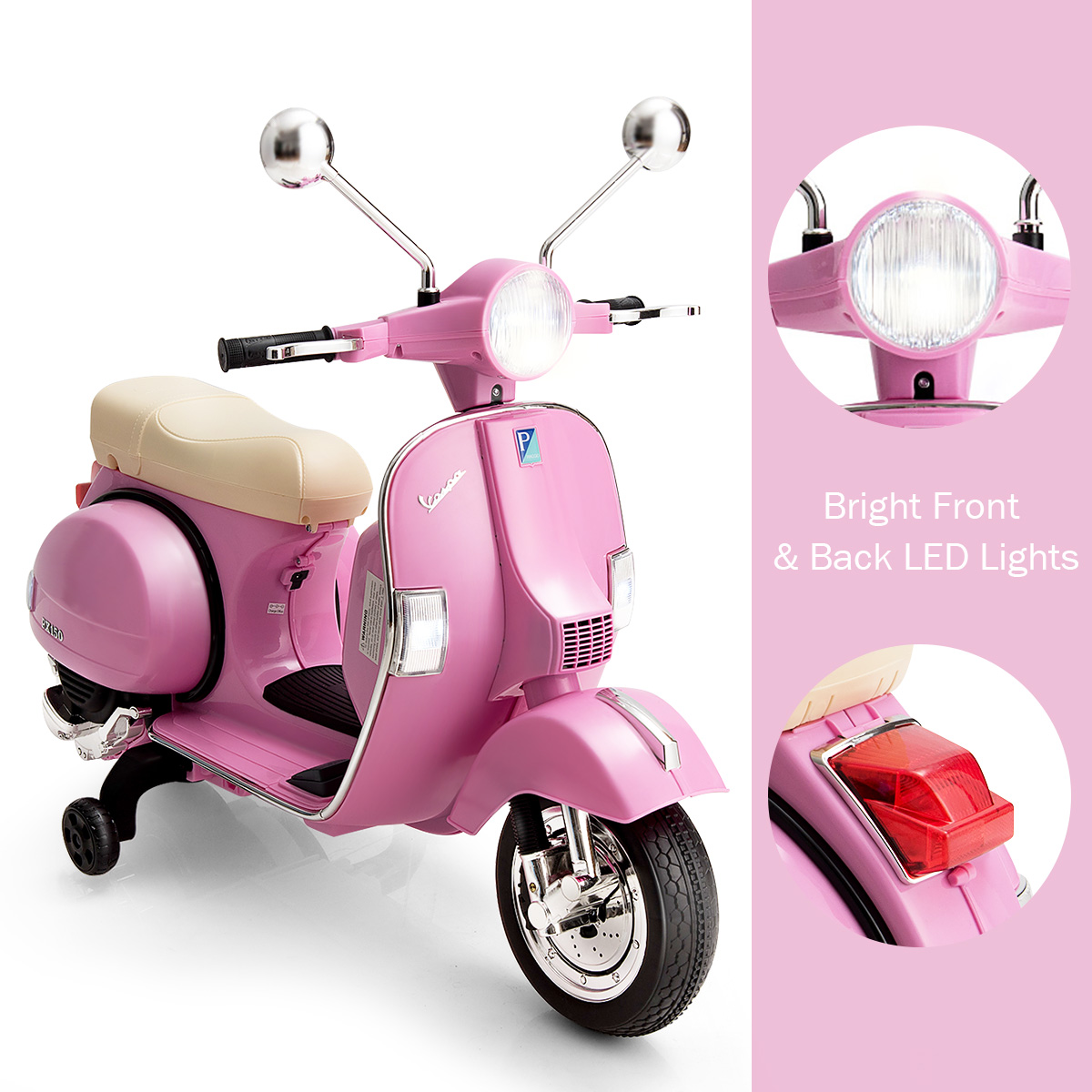 Costway Kids Vespa Scooter, 6V Rechargeable Ride on Motorcycle w/Training Wheels Pink - image 9 of 9