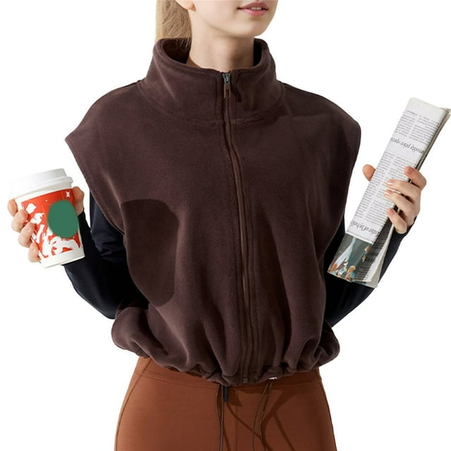 Chaleco Corto de Forro con Cremallera para Mujer, Abrigo Corto Cálido de Invierno Sin Mangas con Cuello Alto. Café con Té Carbonizado L