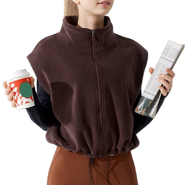 Chaleco Corto de Forro con Cremallera para Mujer, Abrigo Corto Cálido de Invierno Sin Mangas con Cuello Alto. Café con Té Carbonizado M