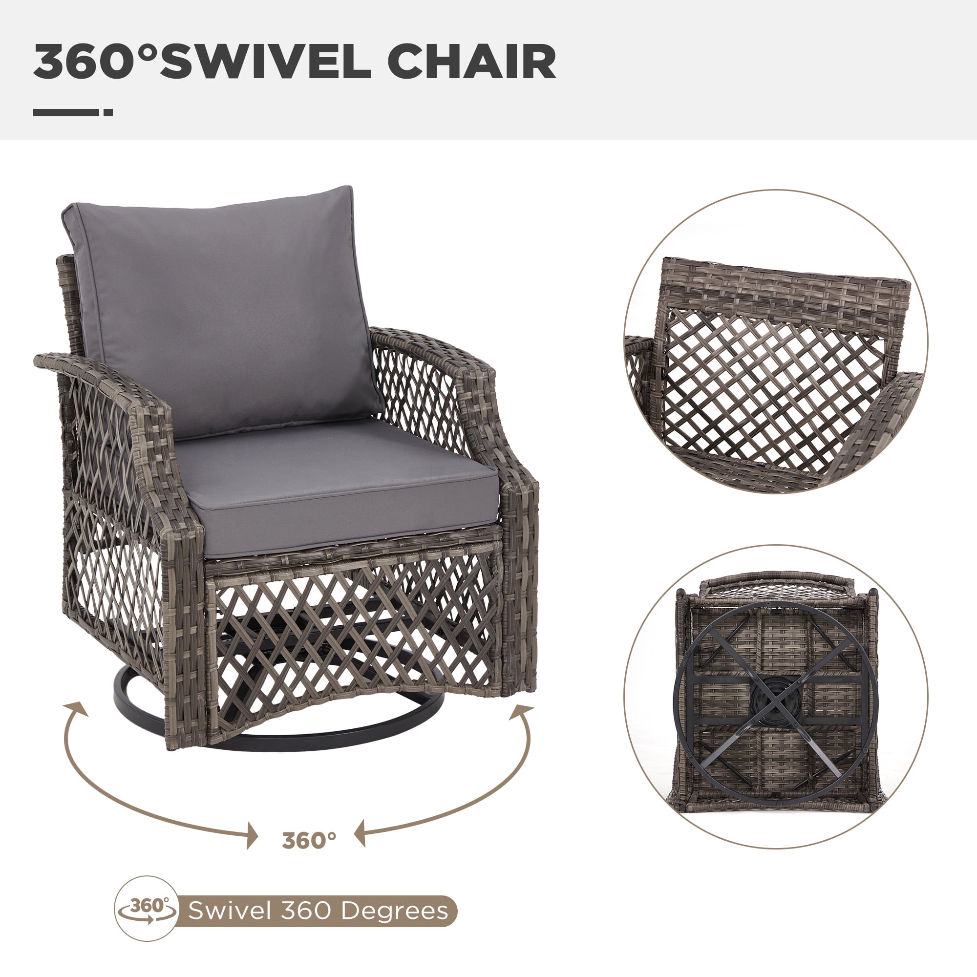 Vicluke 3 Piece Outdoor Swivel Chair Set, Wicker Patio Bistro Set with Thickened 25D Cushions and Glass Coffee Table, Patio Furniture Conversation Set for Deck, Yard, Garden, Poolside(Gray)