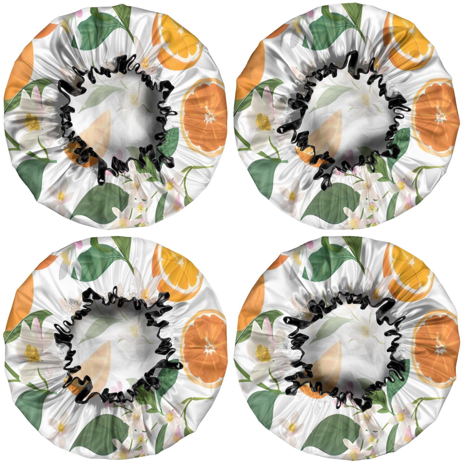 Shower Caps,Orange Fruits Flowers White Pattern Waterproof Shower Cap for Women 4 Pieces,Double Reusable Hair Cover for Shower PEVA Elastic Stretch Hem