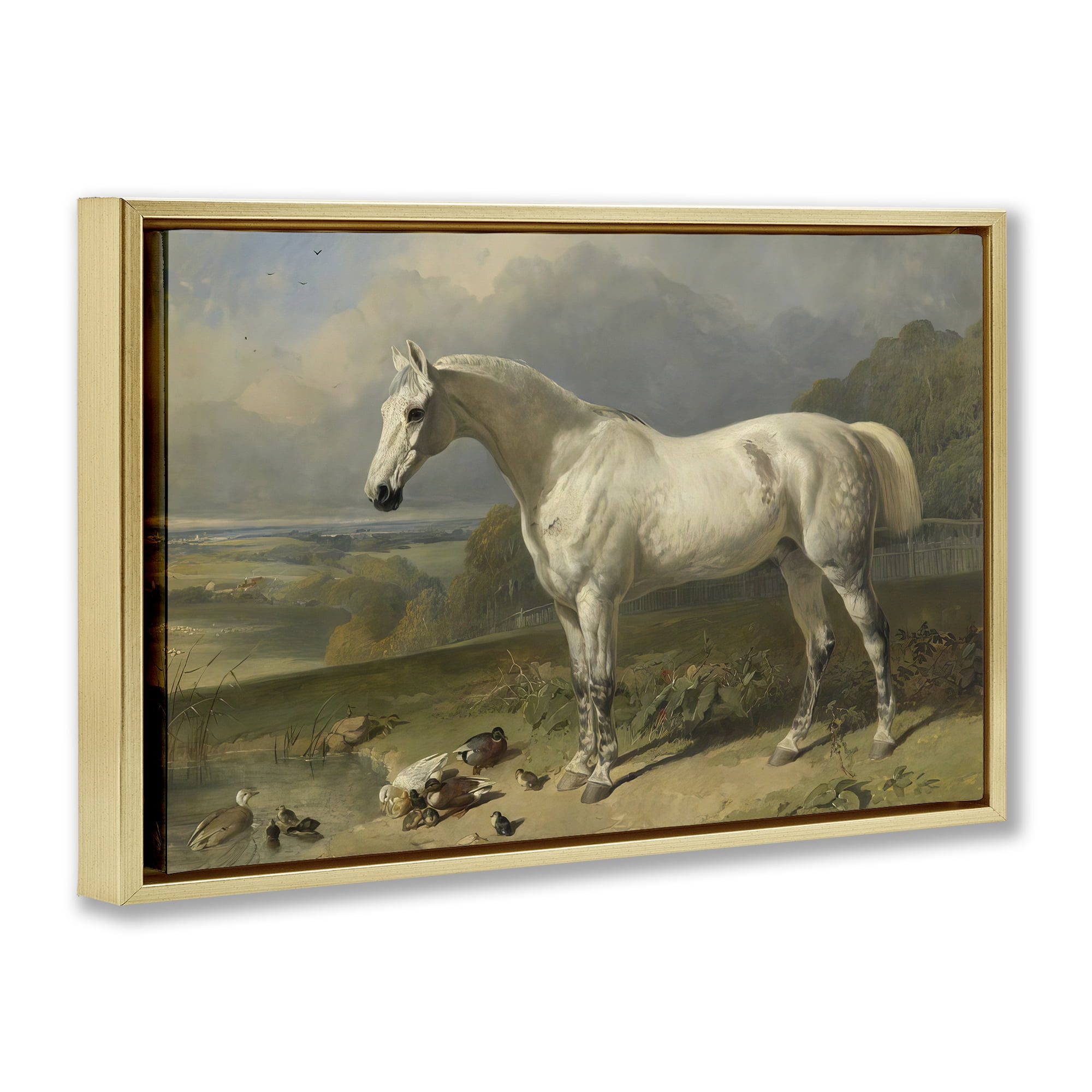 Stupell Industries Grey Horse And Ducks In Landscape Gold Framed Floater Canvas Wall Art, design by Tina LeCour