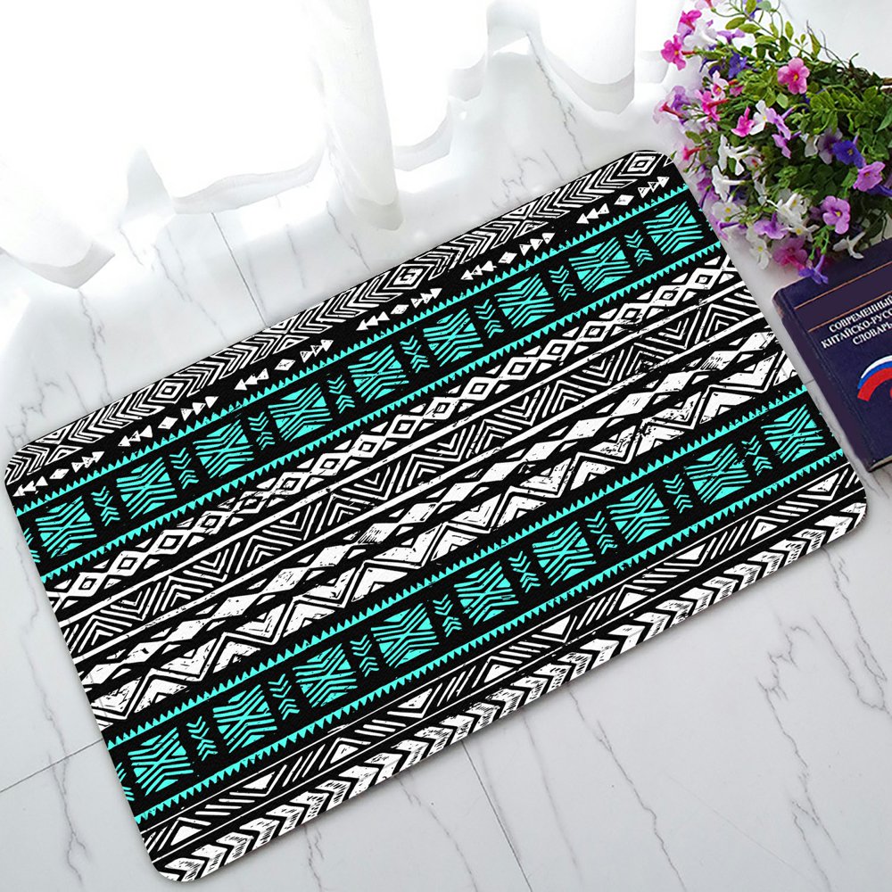 PHFZK Geometric Doormat, Black White and Turquoise Tribal Aztec Doormat