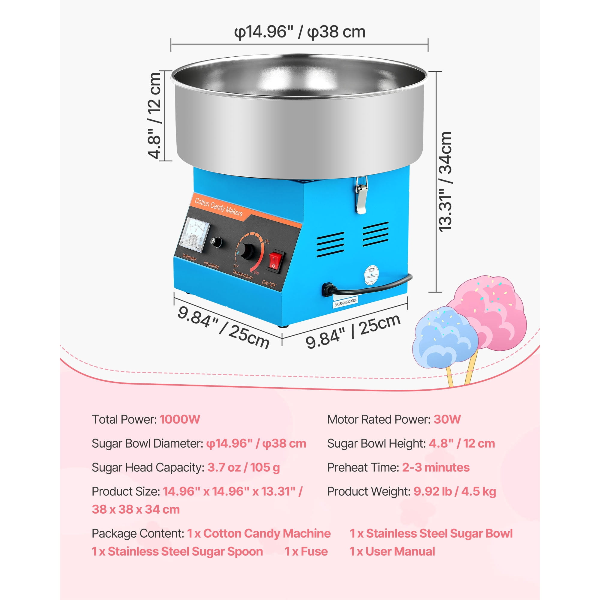 KFFKFF Commercial Cotton Candy Machine, 1000W Electric Floss Maker with 15-Inch Stainless Steel Bowl and Sugar Scoop, Suitable for Hard Candy, Perfect for Home, Kids' Birthdays, and Family Gatherings