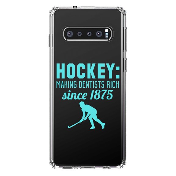 DistinctInk Clear Shockproof Hybrid Case for Samsung Galaxy S10 (6.1" Screen) - TPU Bumper Acrylic Back Tempered Glass Screen Protector - Hockey Making Dentists Rich Since 1875