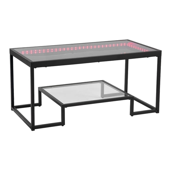 LED Glass Coffee Table with 2-Tier Storage,Modern Minimalist Design with Metal Frame for Living Room or Office,Easy Assembly