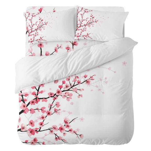 Pink Cherry Blossom Twin Duvet Cover Set 4pcs Watercolor Spring Red Pink Sukara Flower Brown Branch Soft Cozy All Season Bed Sheet Set, 1 Duvet Cover 1 Sheet and 2 Pillowcases (No Comforter)