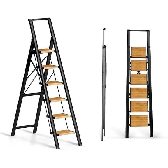6 Step Ladder for 12 Ft High Ceiling,Portable Aluminum Step Stool with Handgrip for Kitchen,Home (300 lbs Capacity) - Black Wood Grain