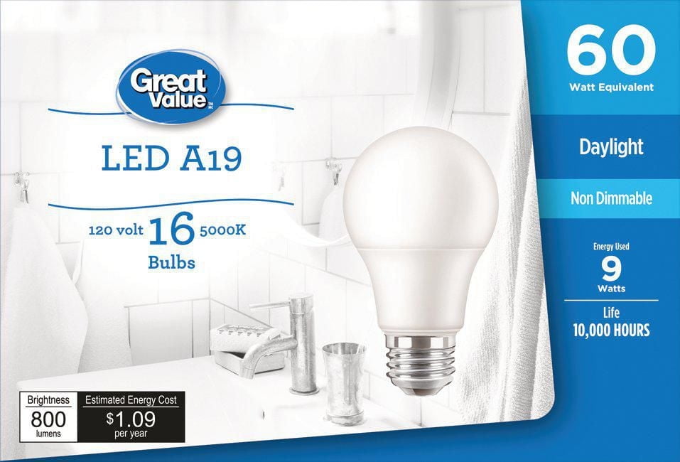 Great Value 60W A19 Daylight LED bulbs 16 Pack, Non-dimmable, 800 lumens
