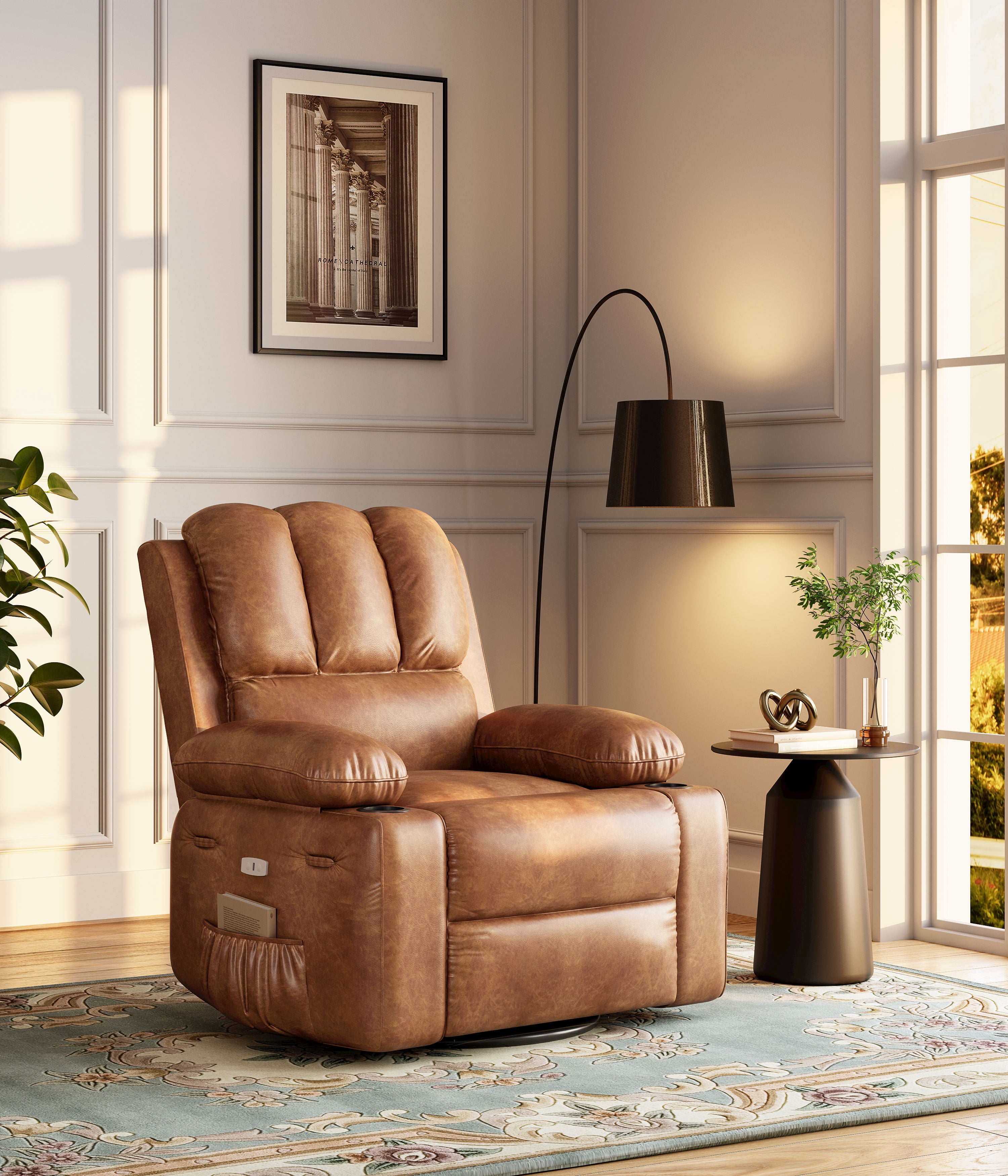 Oversized Electric Recliner Chair with Massage,PU Leather Swivel Rocker Recliner with Remote Control and Cup Holders,26.8" Wide Lounge Chair for Living Room, Bedroom,Nursery