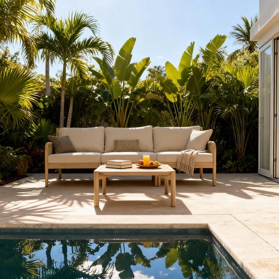 Christopher Knight Home 3-Seater Outdoor Conversation Set with Coffee Table, Beige Cushions, Light Teak