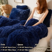 XeGe Faux Fur Comforter Cover Set 3 Pieces Furry Plush Duvet Cover, Luxury Ultra Soft Velvet Fuzzy Fluffy Bedding Set, Shaggy Duvet Cover with 2 Pillow Shams, Zipper Closure, King Size, Navy Blue